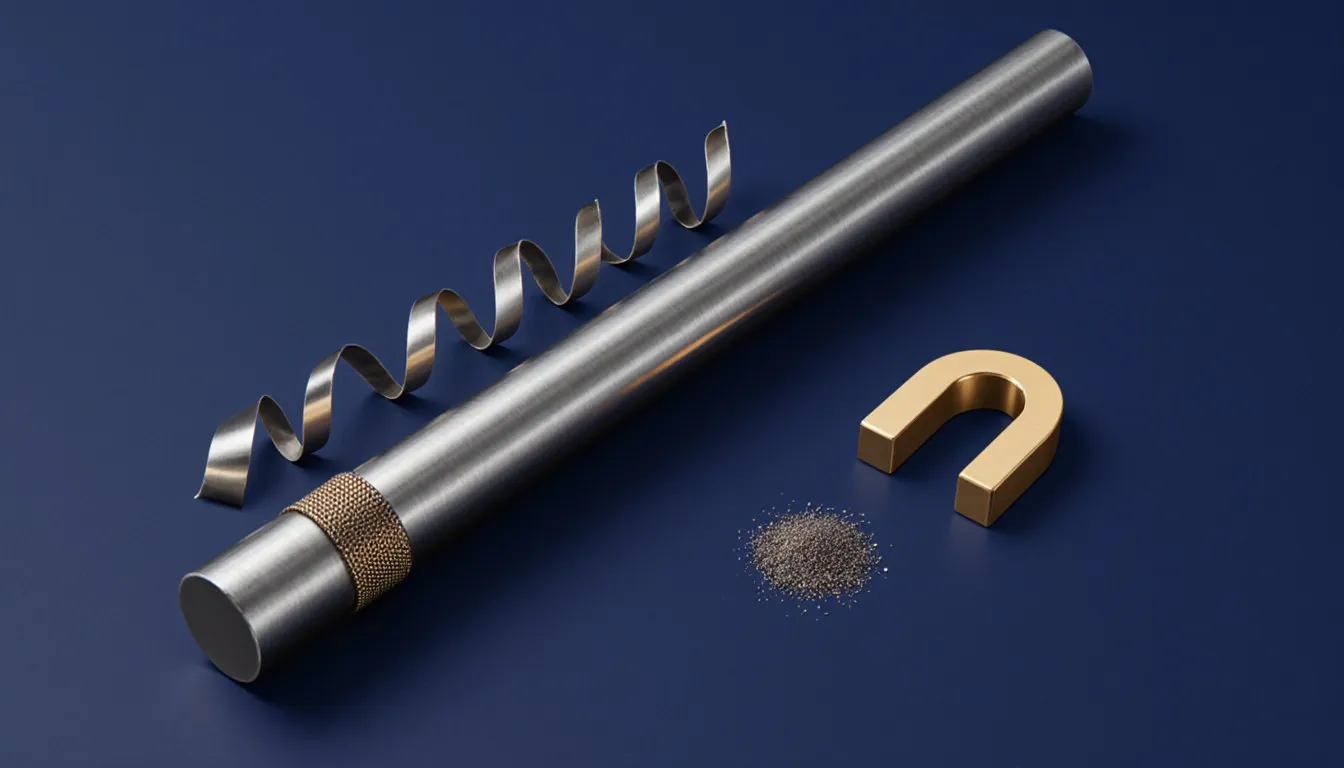 A steel bar with curling machining shavings, a weld seam, and a magnet holding iron filings