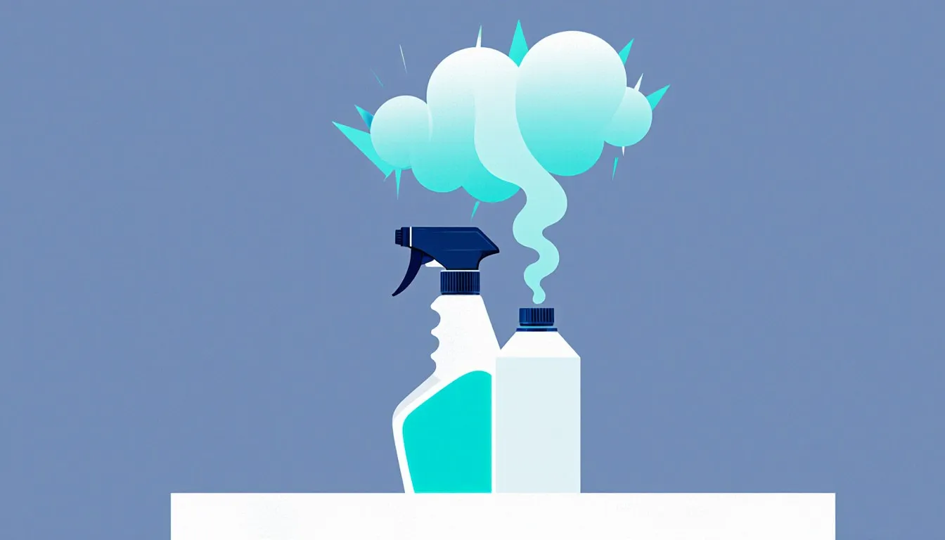 Two unmarked cleaning bottles beside a jagged cloud of hazardous vapor rising between them