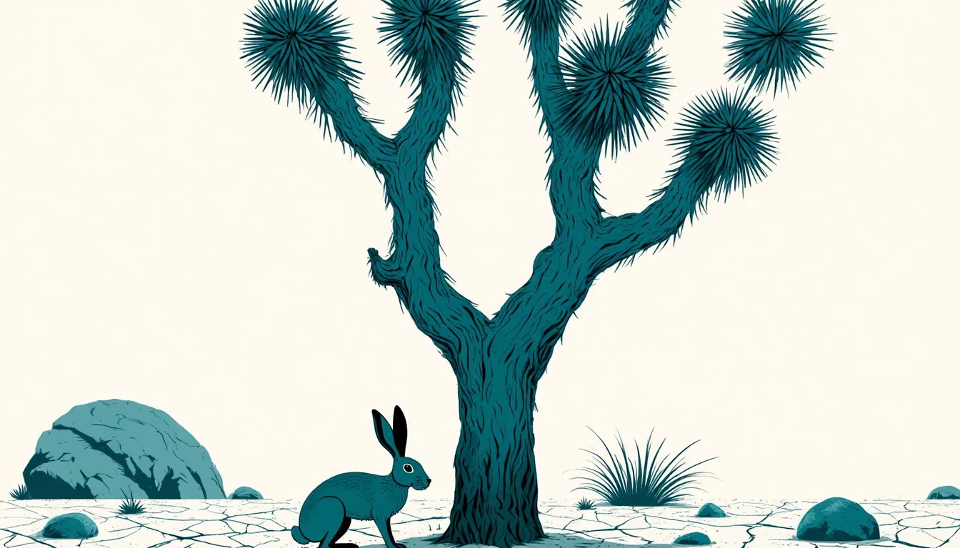 Illustration of a Joshua tree and a long-eared jackrabbit, two adapted residents of the Mojave Desert
