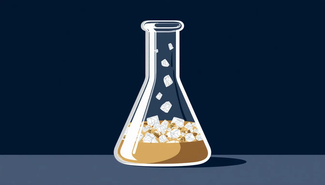 A flask of clear solution with undissolved crystals settled at the bottom, illustrating solubility equilibrium