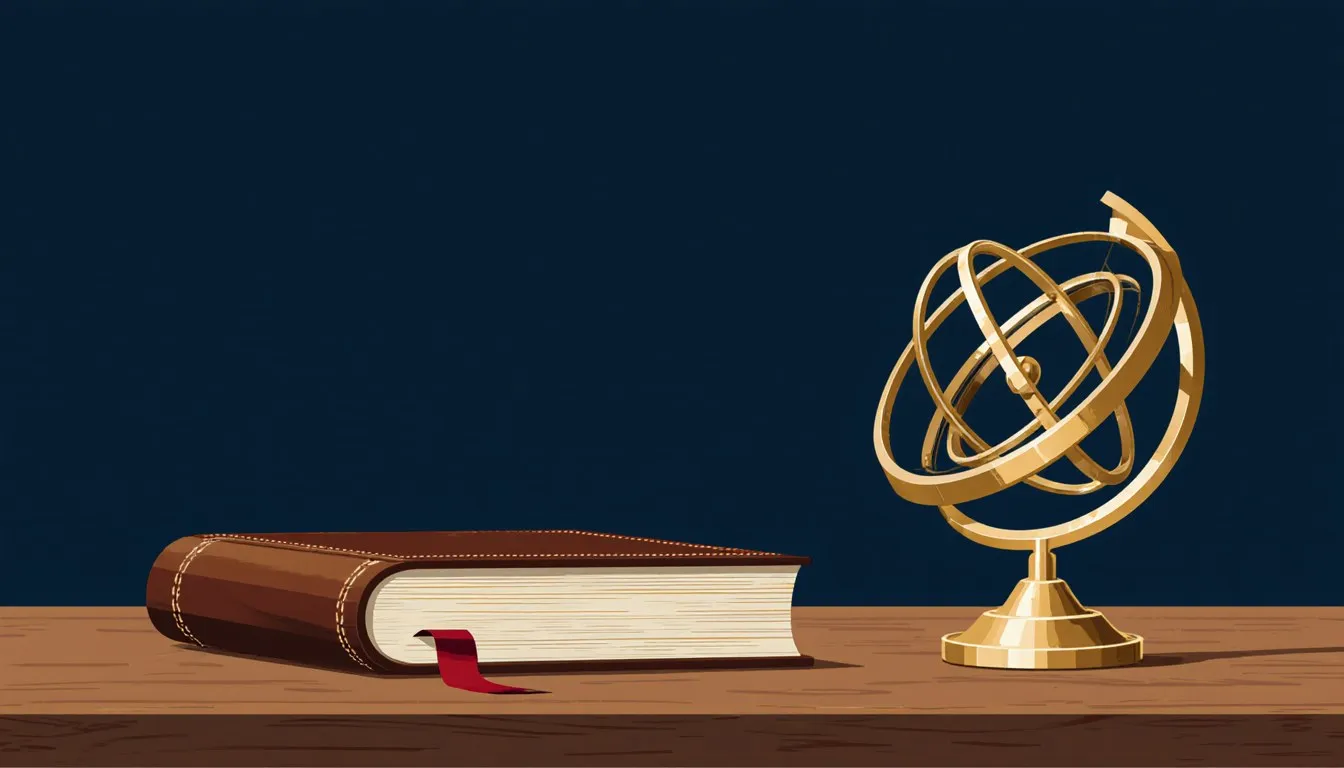 An antique brass armillary sphere beside a closed leather-bound book, symbolizing science and faith side by side