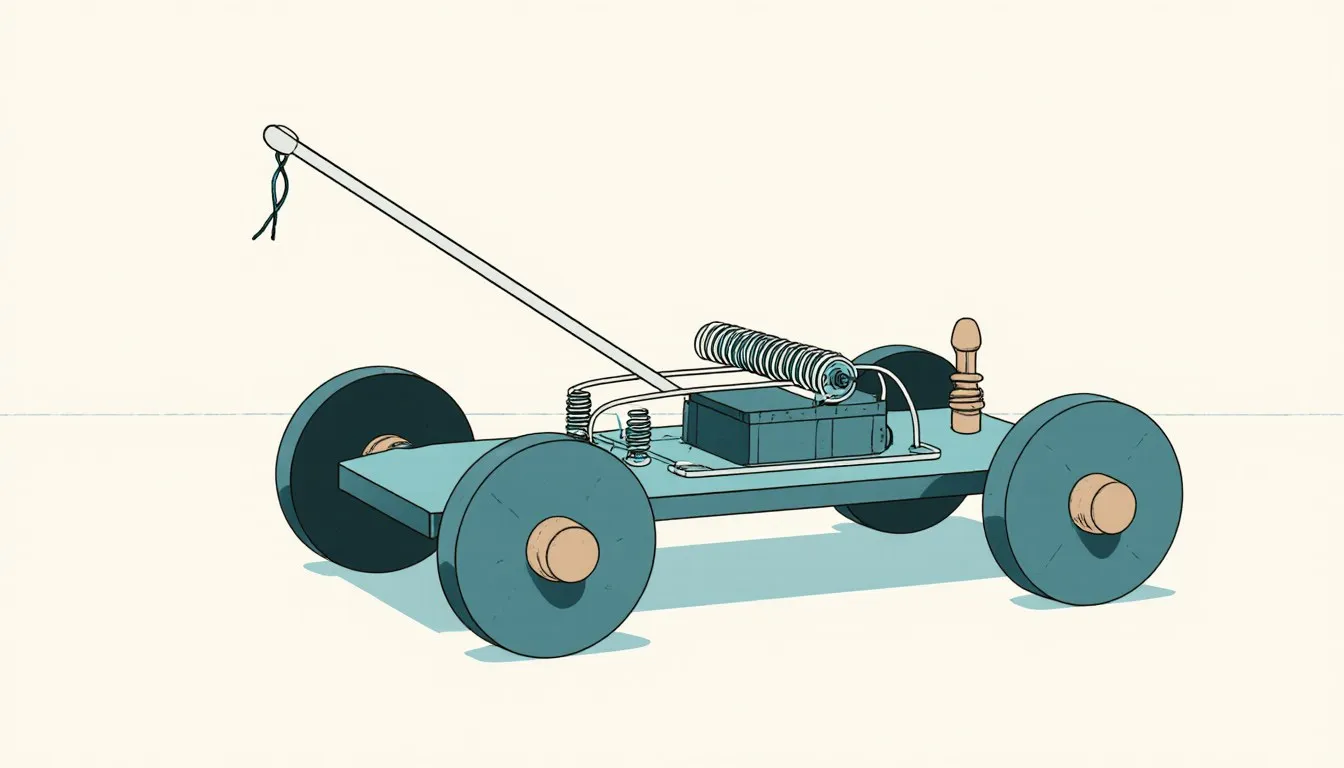 A homemade mousetrap car with disc wheels, a wound string, and a spring-loaded lever arm chassis.