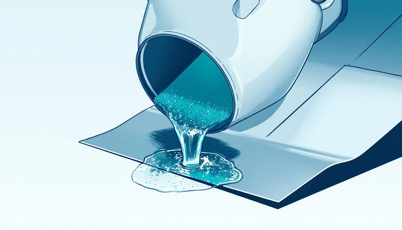 Illustration of an acid jug etching a sheet of steel, depicting muriatic acid's industrial metal-treatment uses