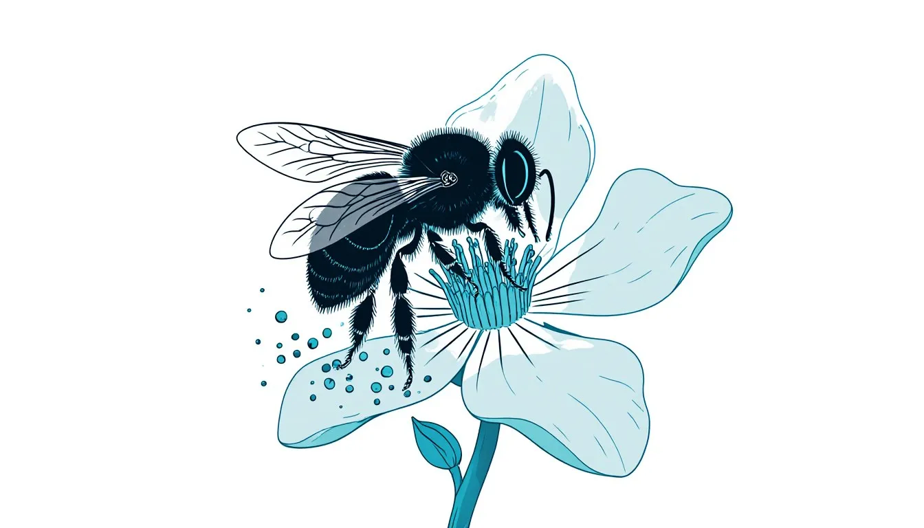 A honeybee gathering nectar from a flower while pollen clings to its body, illustrating a mutualism relationship