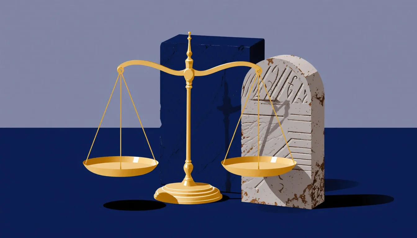 Classical scales of justice beside an ancient carved stone tablet, symbolizing natural law and man-made legal codes