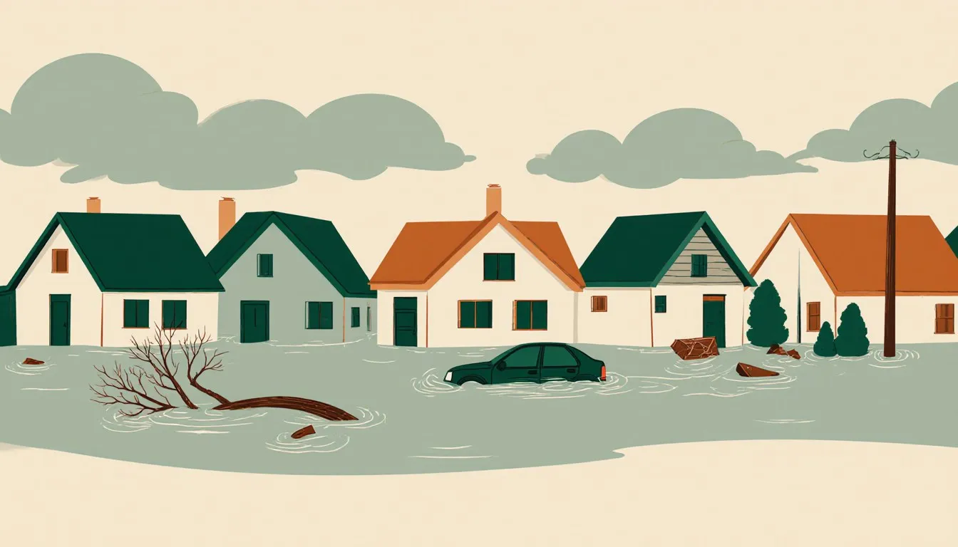 Flooded neighborhood street with houses and a car submerged in floodwater under storm clouds