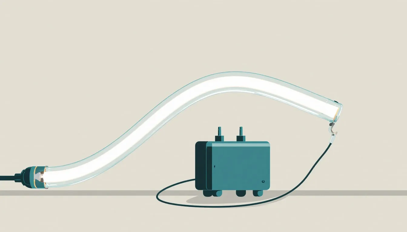A glowing neon glass tube connected by a wire to a compact transformer unit