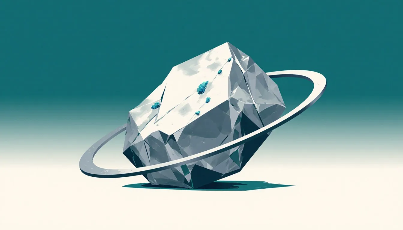 Illustration of a silvery chunk of neptunium metal encircled by a single thin orbital ring