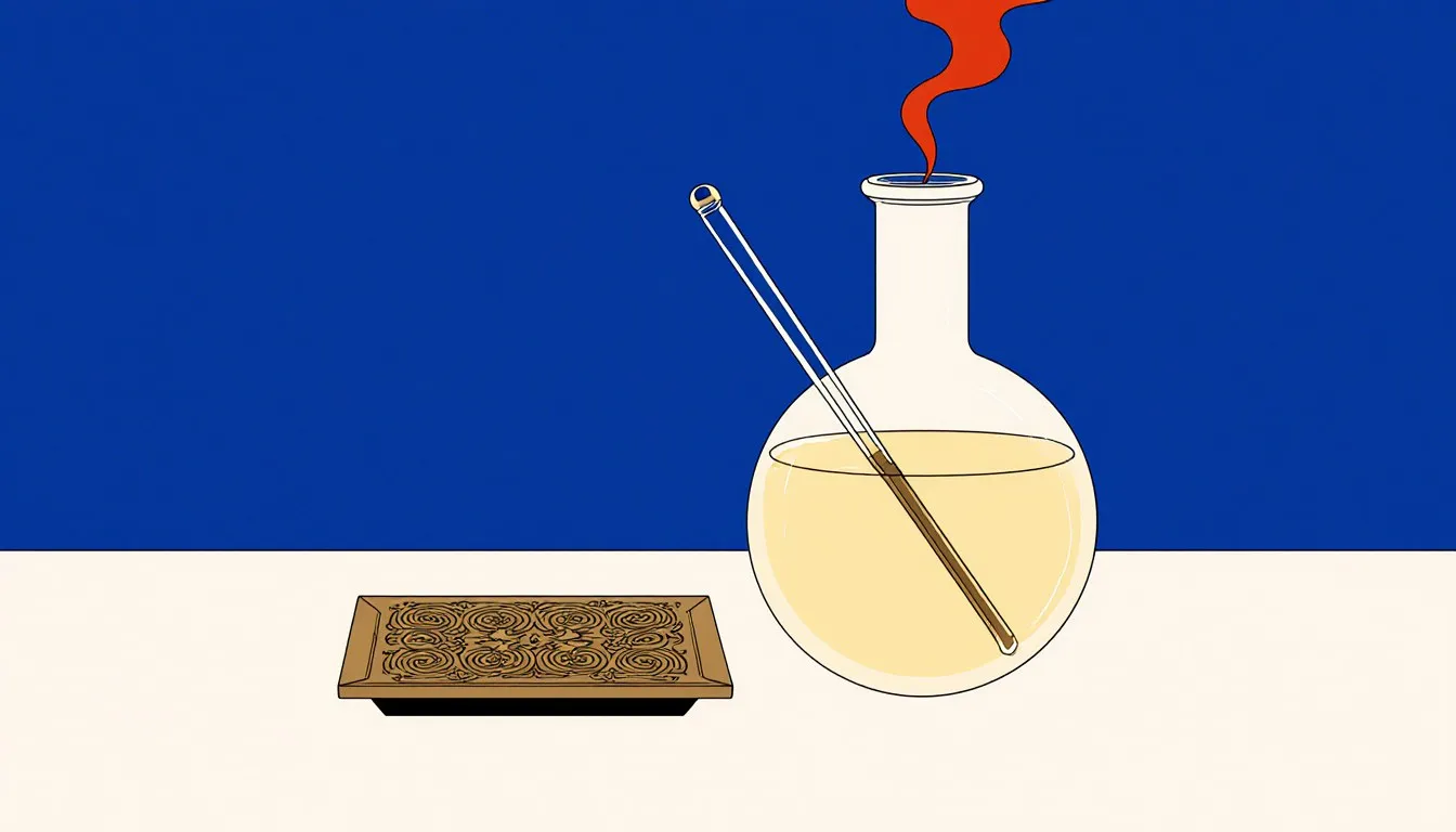 A flask of nitric acid with rising fumes beside an etched brass plate, illustrating its chemical and metalworking uses