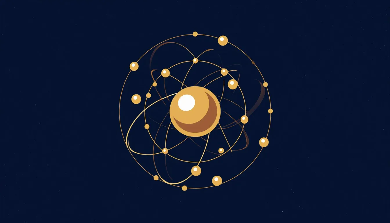 Stylized atom with concentric electron shells fully filled, representing noble gas electron configuration