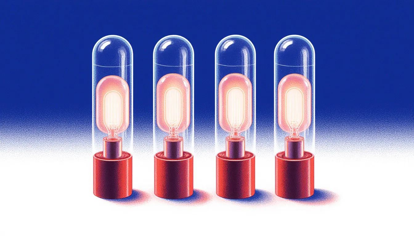 A row of glass tubes each glowing a different color, illustrating the light emitted by noble gases