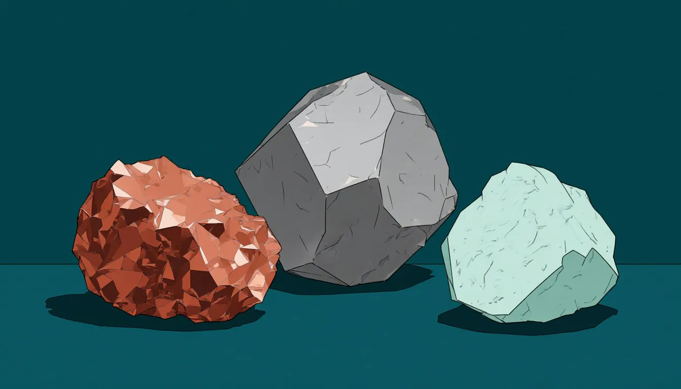 Three raw metal specimens in copper, silver, and grey tones arranged together, representing non-ferrous metals
