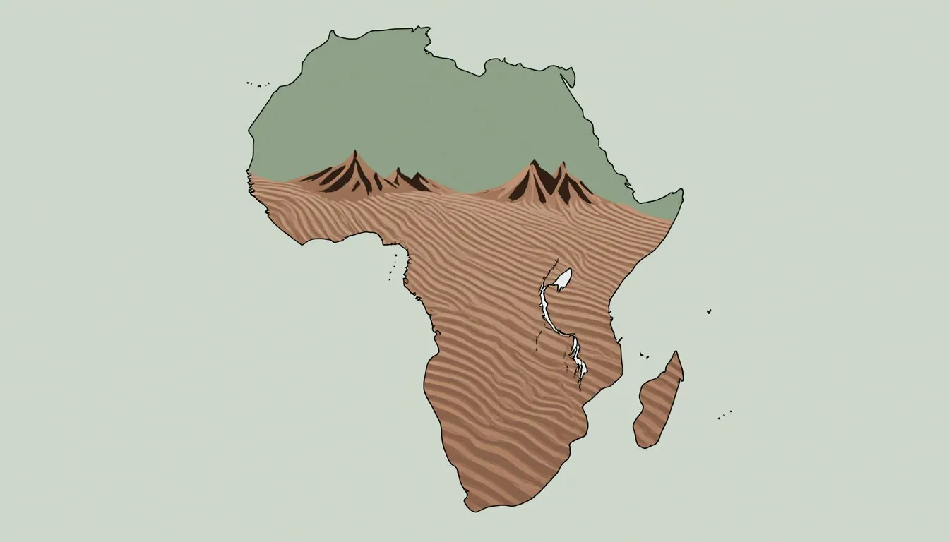 Graphic silhouette of North Africa's coastline, Sahara dunes, and Atlas mountain peaks