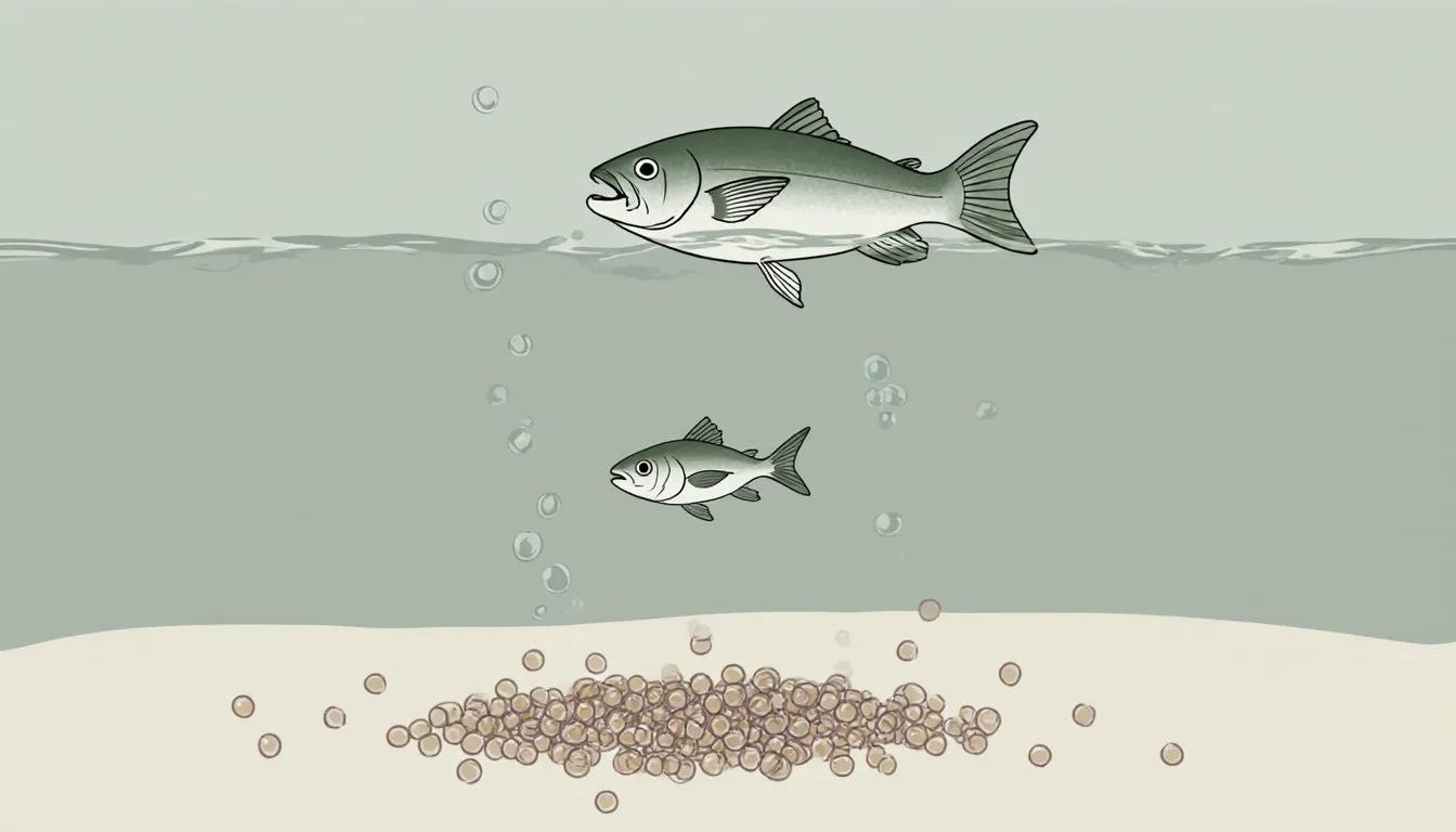 Underwater scene showing tiny plankton, a small fish, and a larger fish arranged in a simple ocean food chain