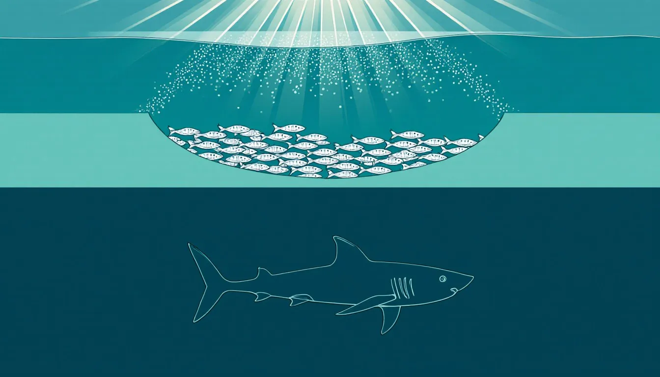Ocean cross-section showing surface plankton, a school of baitfish, and a large shark in the depths below.