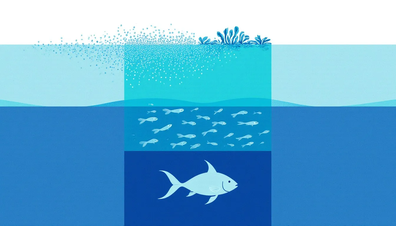 Layered ocean scene showing plankton, small fish, and a larger fish representing the marine food web