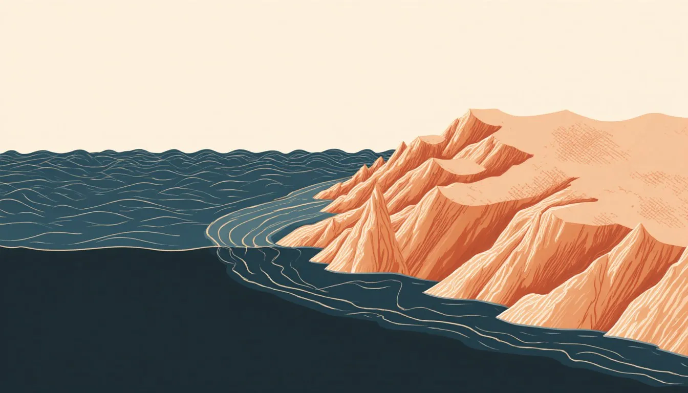 Cross-section of the ocean showing an underwater mountain ridge and a current flowing up toward the surface waves.