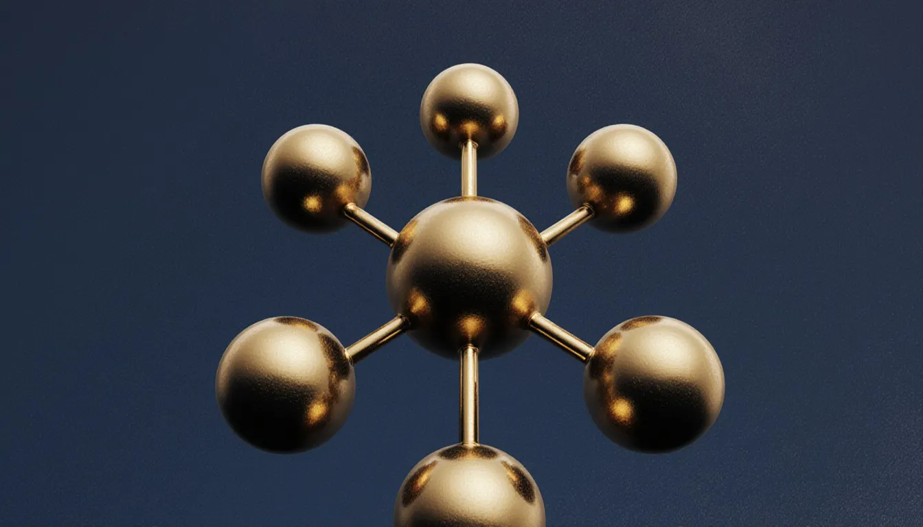 Ball-and-stick model of an octahedral molecule, a central atom bonded to six surrounding atoms
