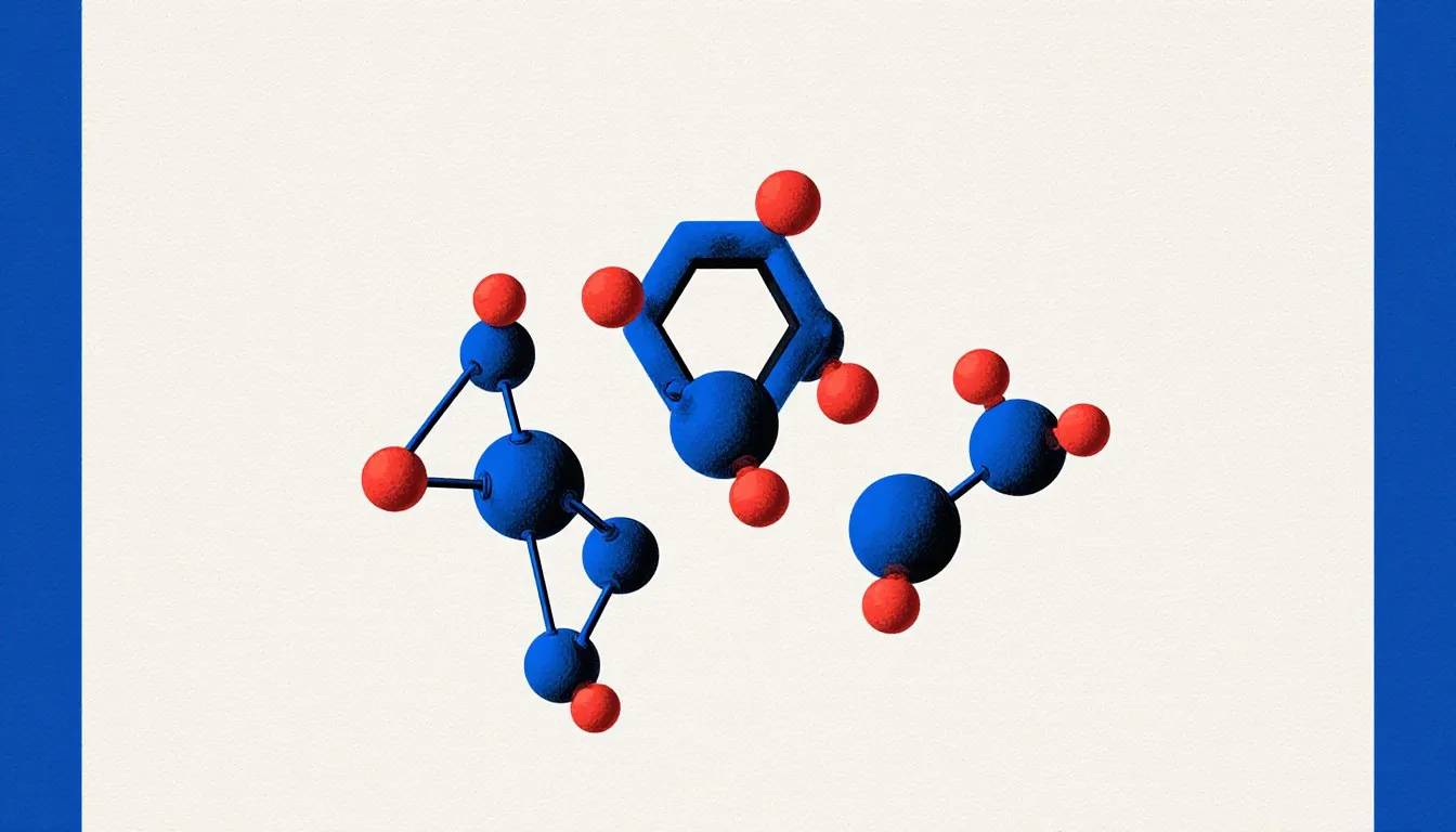 Ball-and-stick models of organic molecules, including a carbon chain and a ringed structure