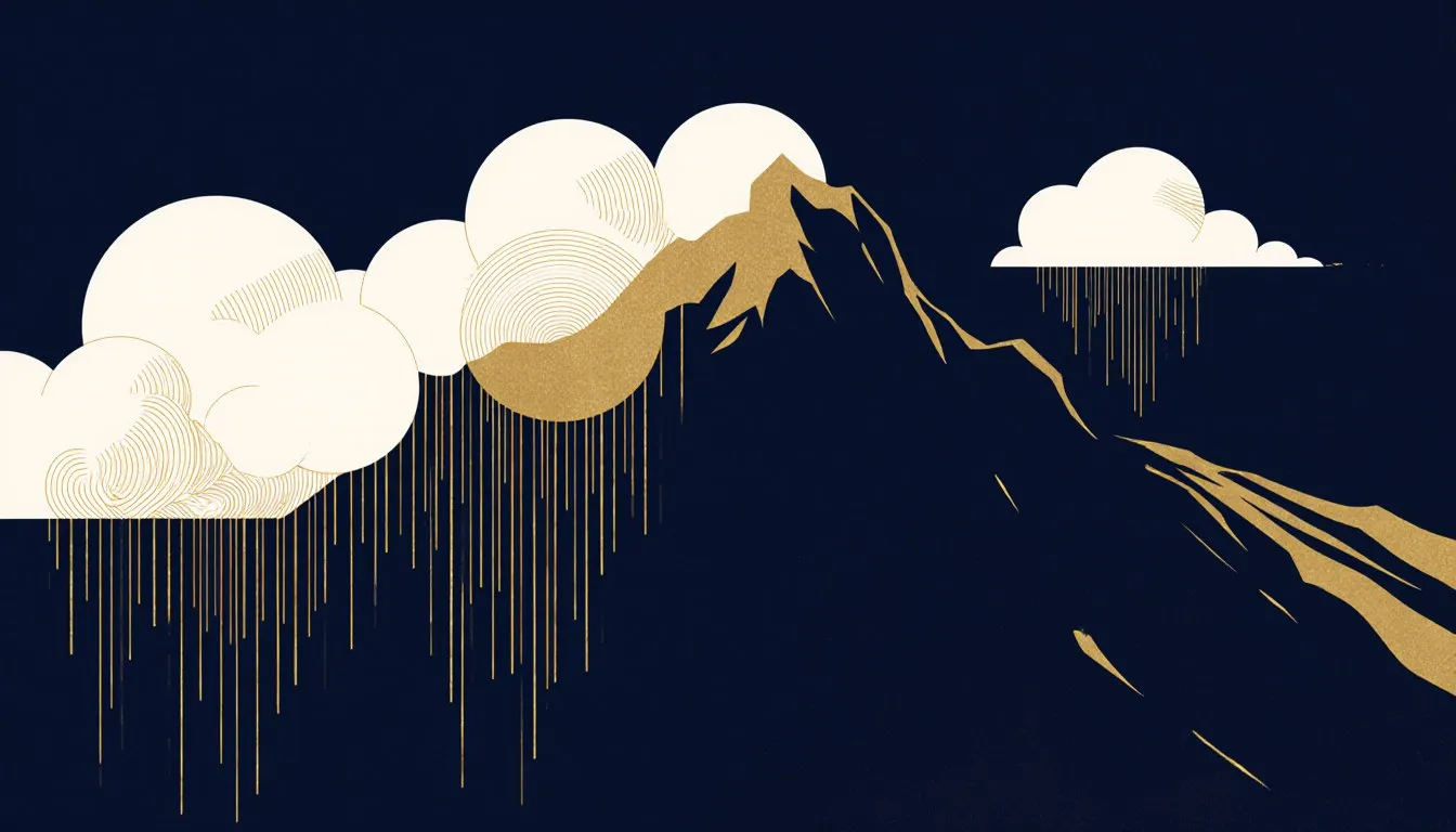 Mountain range with clouds and rain massed on one slope and a clear sky on the other, illustrating the orographic effect