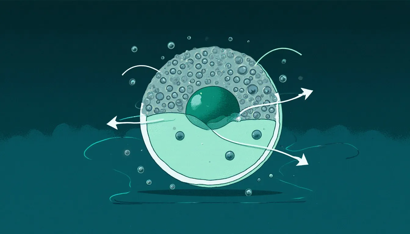 A cell membrane with solute particles at different concentrations inside and outside, water moving across toward the denser