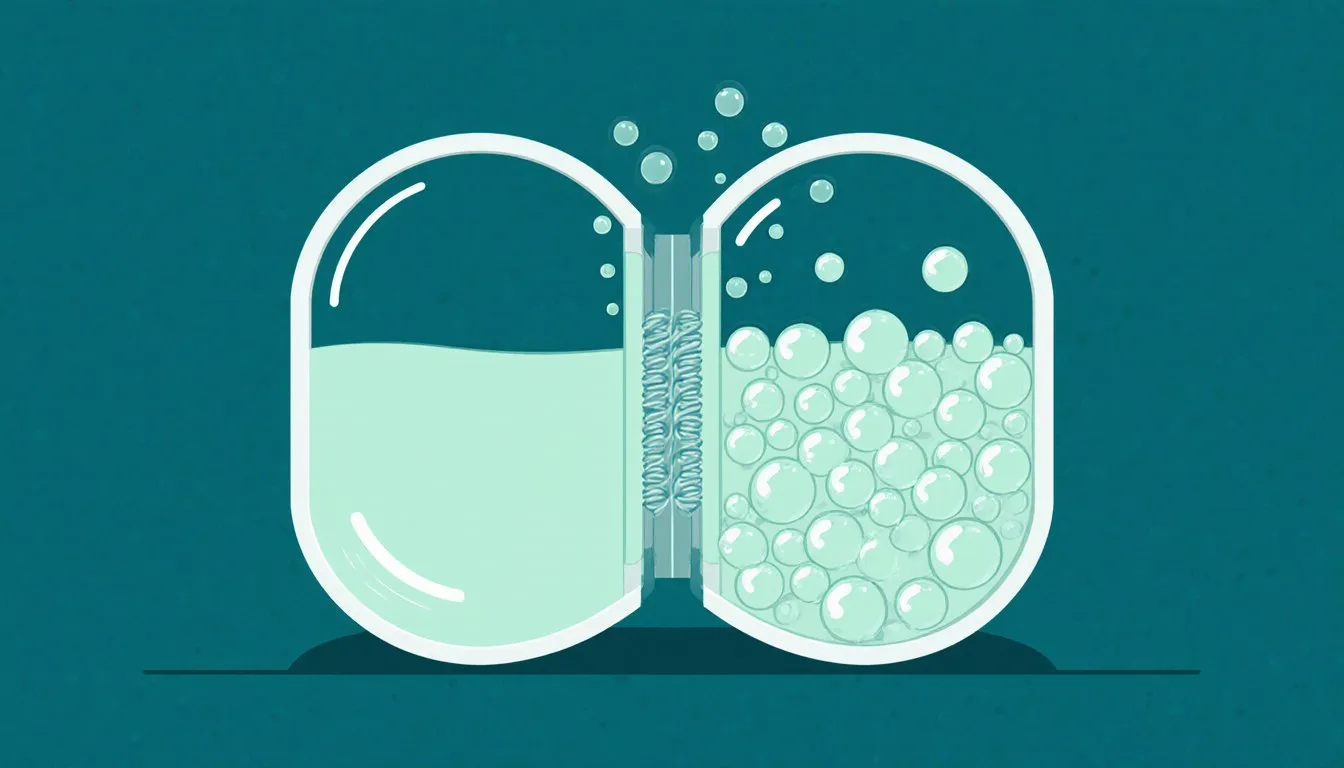 Illustration of water moving through a semi-permeable membrane from a dilute to a concentrated solution, depicting osmosis