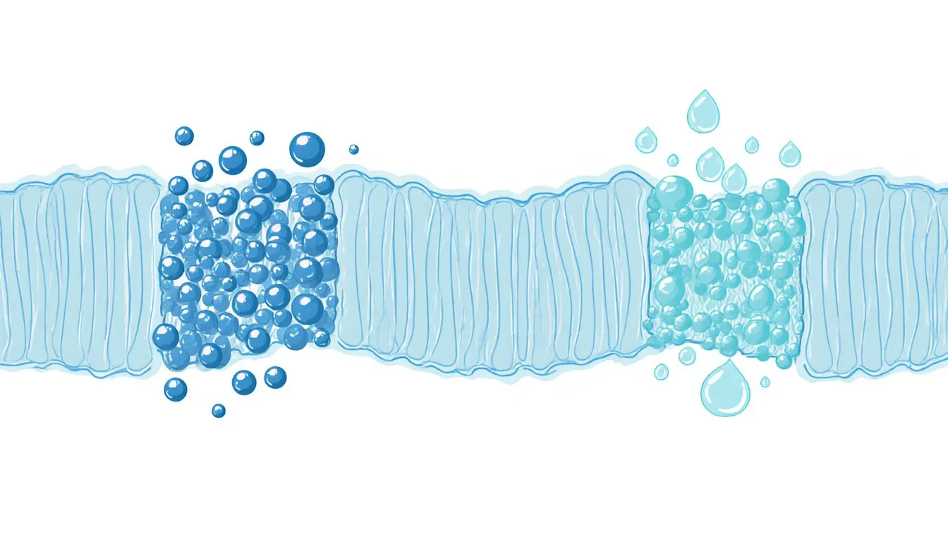 A semipermeable cell membrane with water and solute particles unevenly spaced on either side, some crossing through its pores