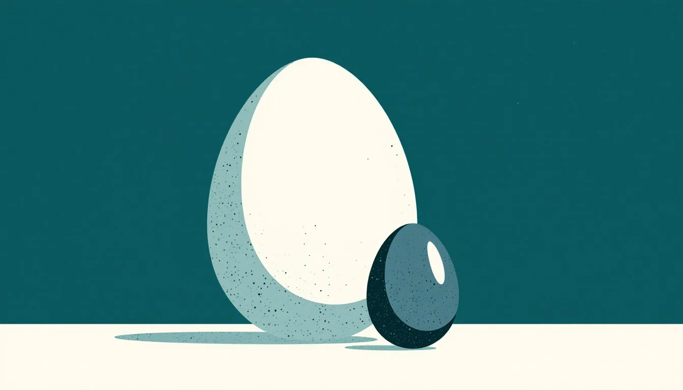 A giant ostrich egg towers beside a small chicken egg, illustrating the vast difference in size.