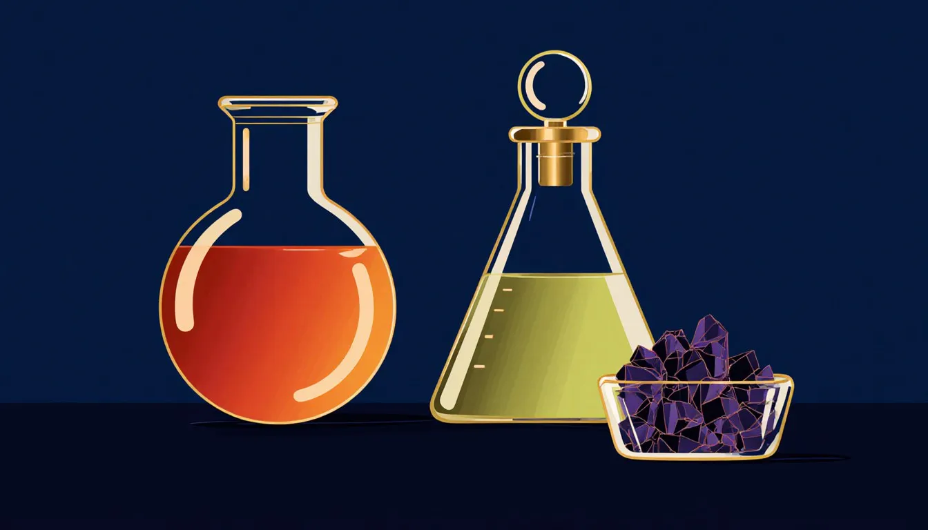 Lab glassware holding an orange dichromate solution, greenish chlorine gas, and violet iodine crystals, three common