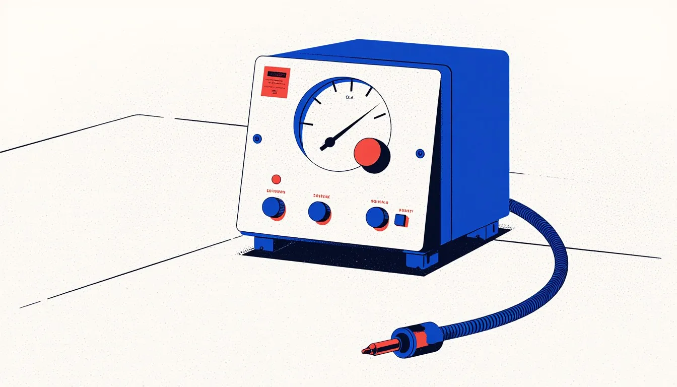 An oxygen analyzer instrument with a circular gauge dial and a sensor probe extending from its housing.