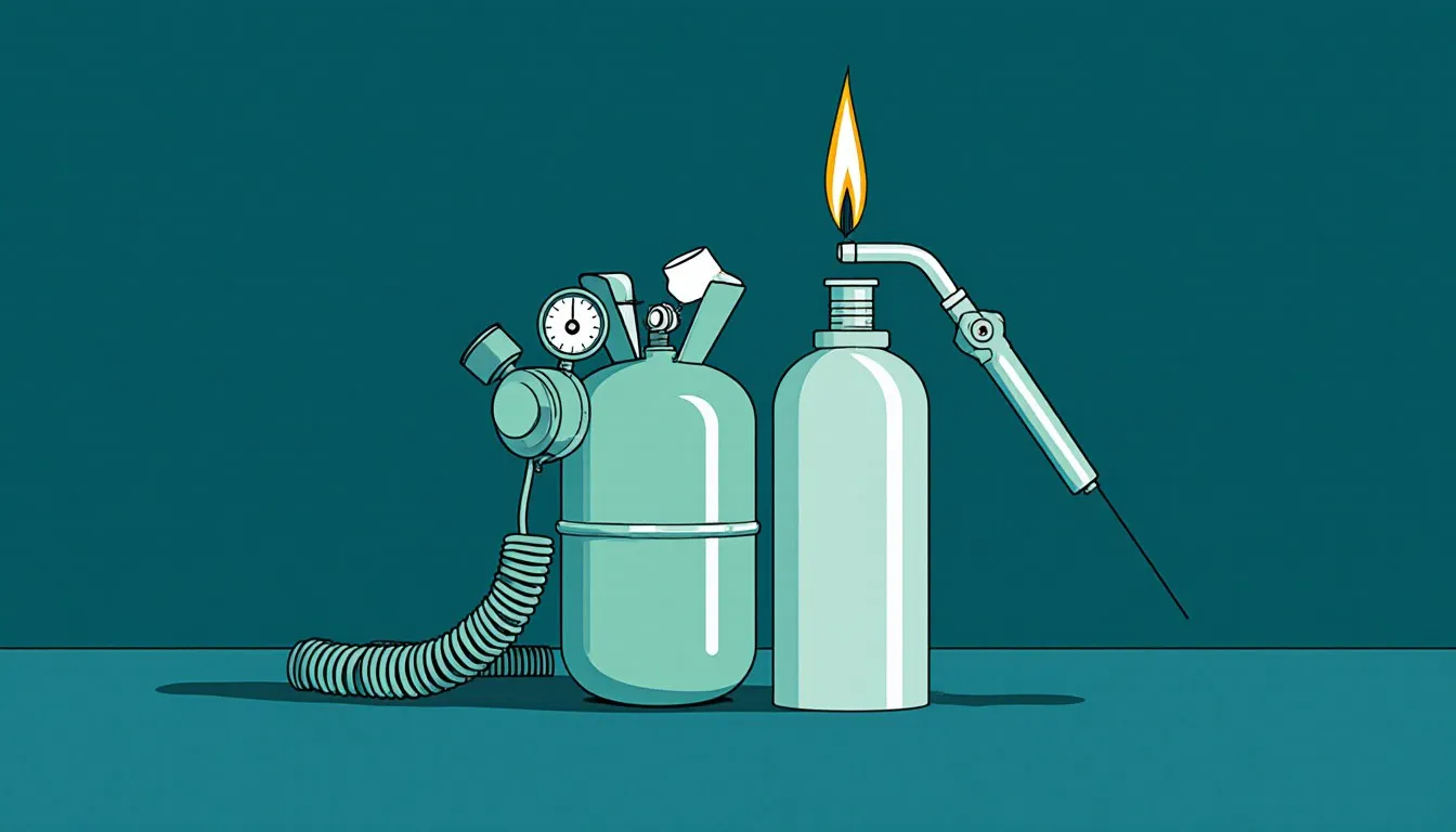 A medical oxygen cylinder with mask beside a welding torch with a cutting flame, symbolizing oxygen's uses