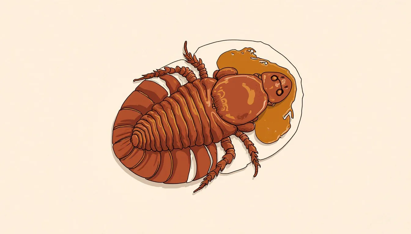 A large trilobite, the armored sea creature that defines the Paleozoic Era, shown as a bold graphic illustration