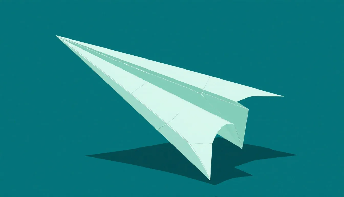 A folded paper airplane banking upward mid-flight against a plain background