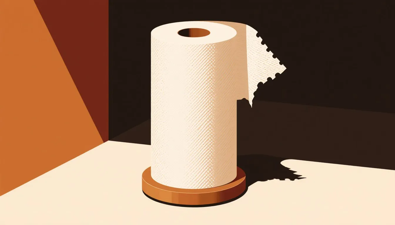 A single roll of paper towels on a holder, with one sheet torn and curling loose