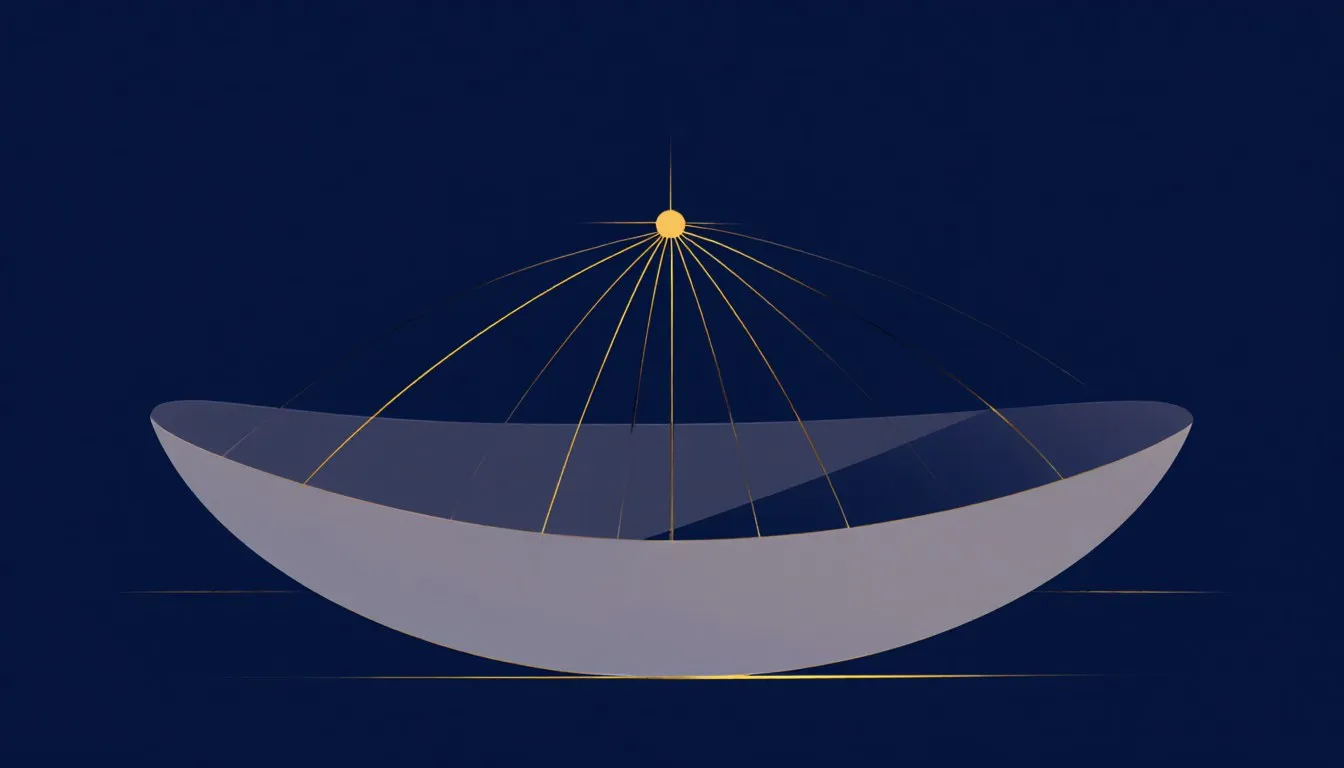 A curved parabolic reflector dish with parallel rays converging to a single focal point above its surface