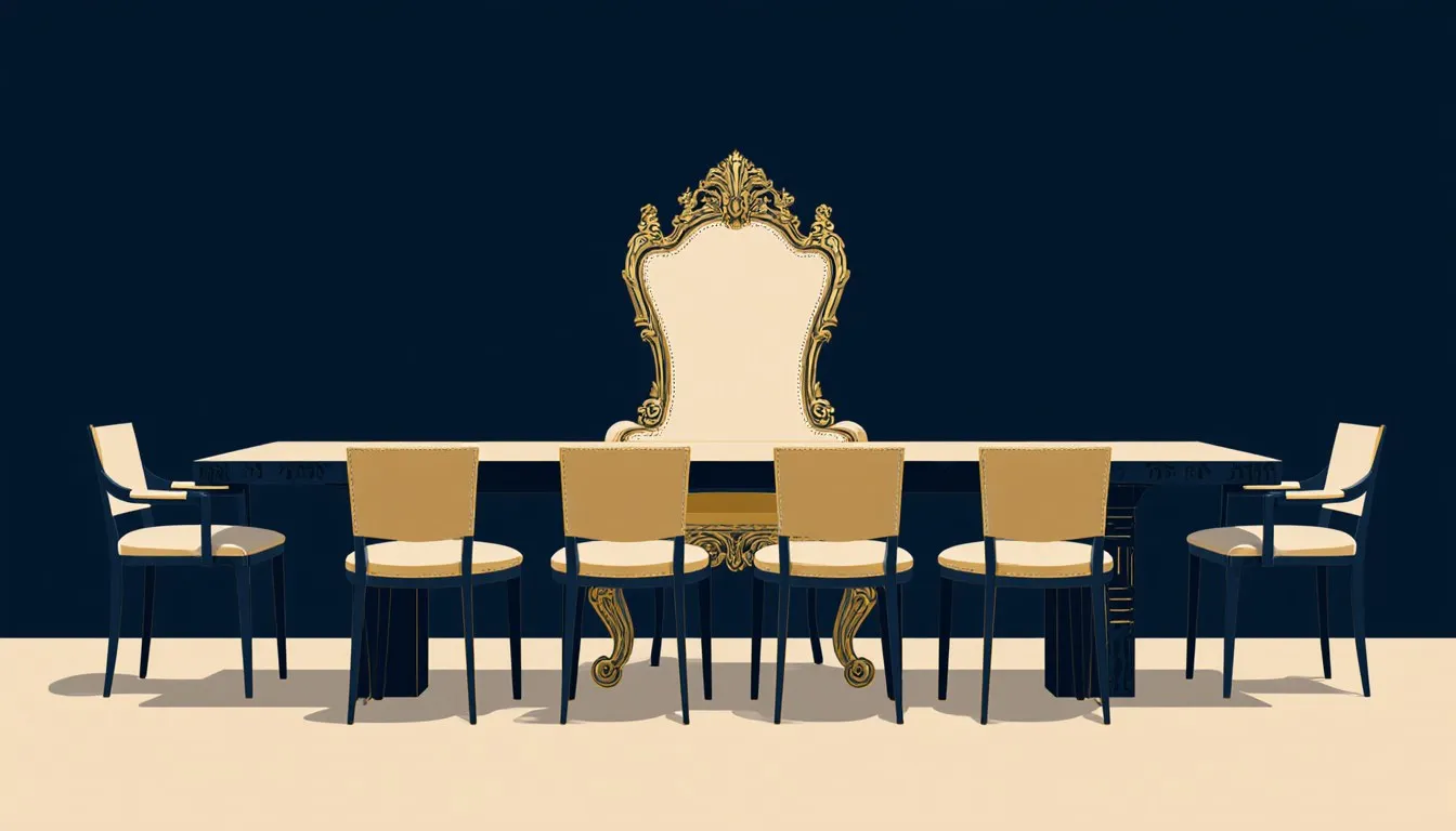 An oversized ornate chair towers at the head of a table over smaller plain chairs, symbolizing patriarchal hierarchy