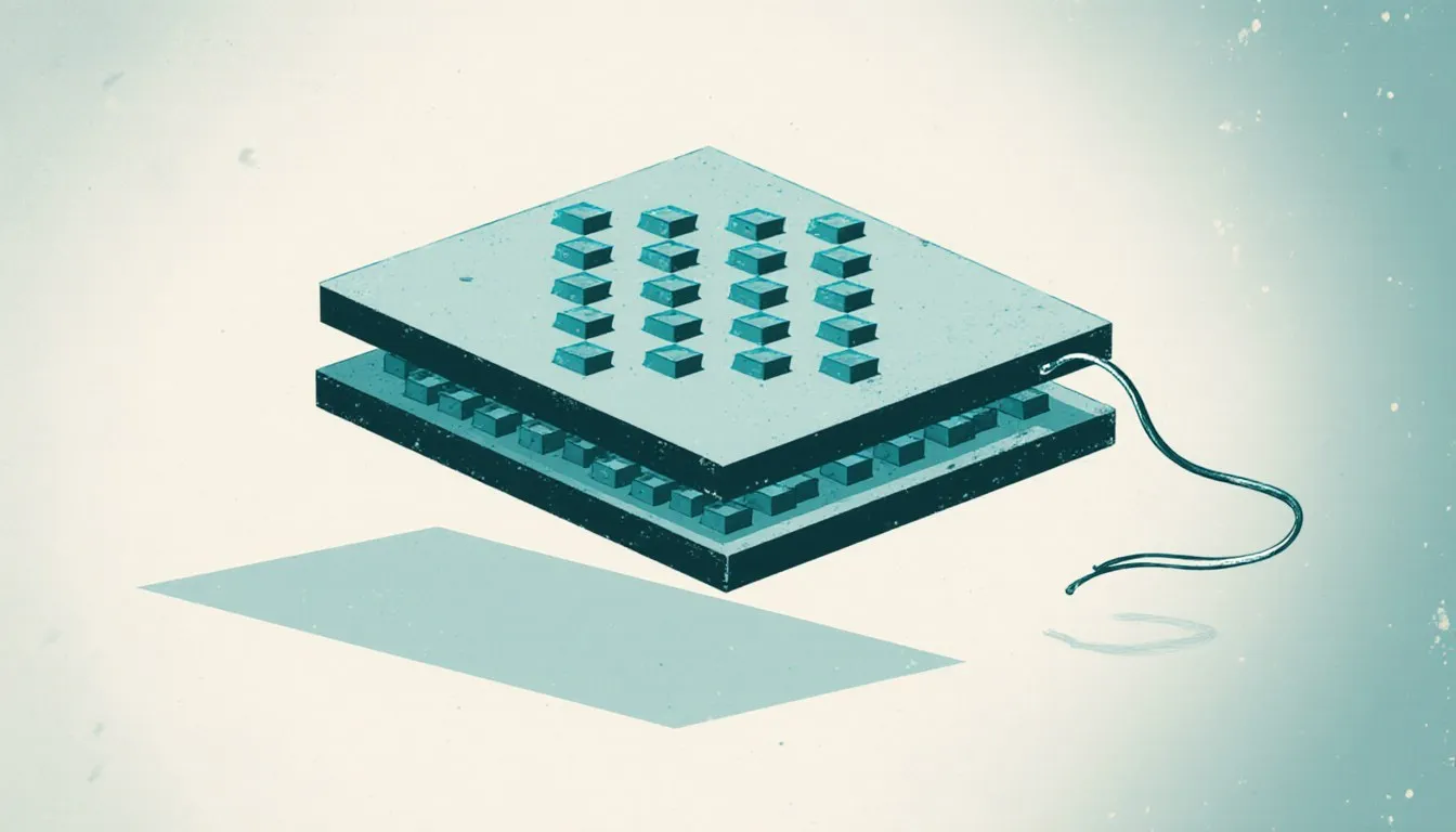 Illustration of a layered thermoelectric module with a thin wire trailing from one edge