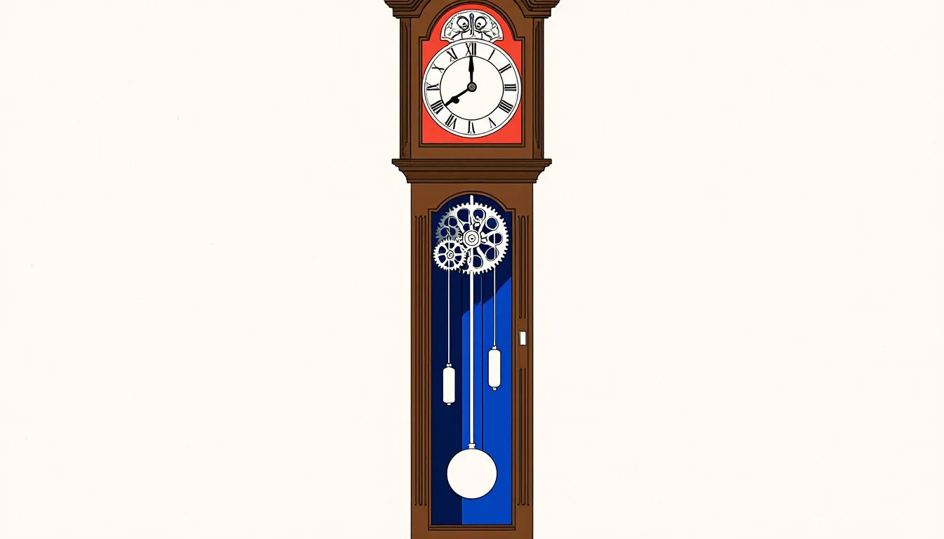 Cutaway illustration of an antique pendulum clock revealing its swinging pendulum, weights, and gear train