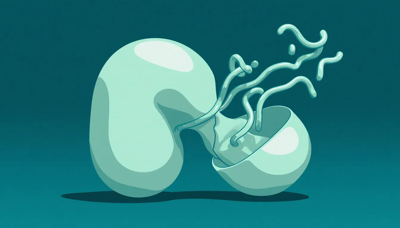Stylized ribbon-diagram illustration of the pepsin enzyme cleaving a protein chain into peptide fragments