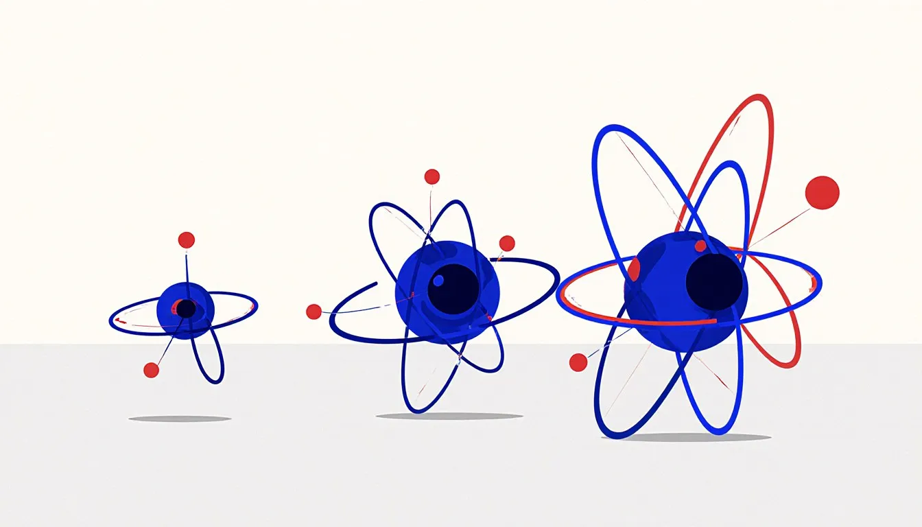 Three stylized atomic models with orbiting electrons, representing key elements of the periodic table