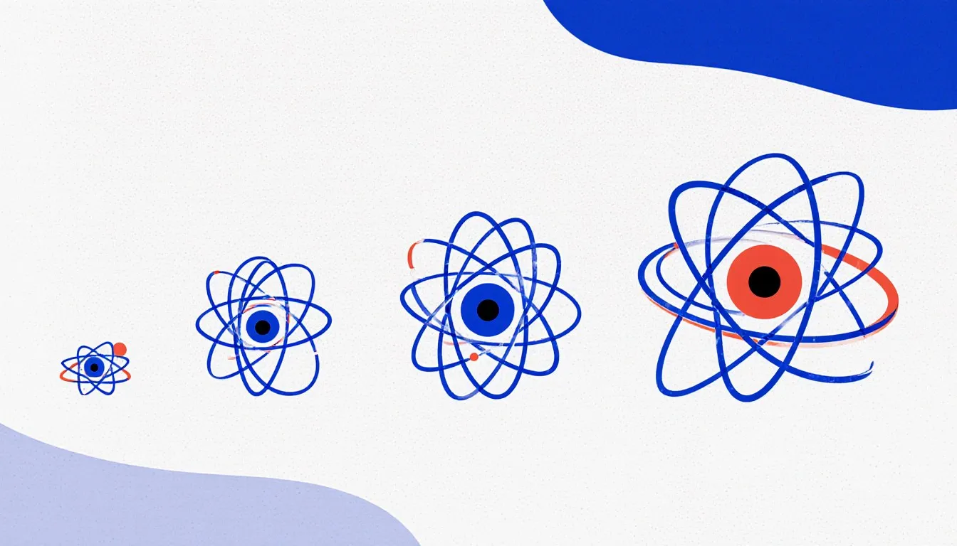 Three atom diagrams with concentric electron shells shrinking left to right, illustrating a periodic table trend