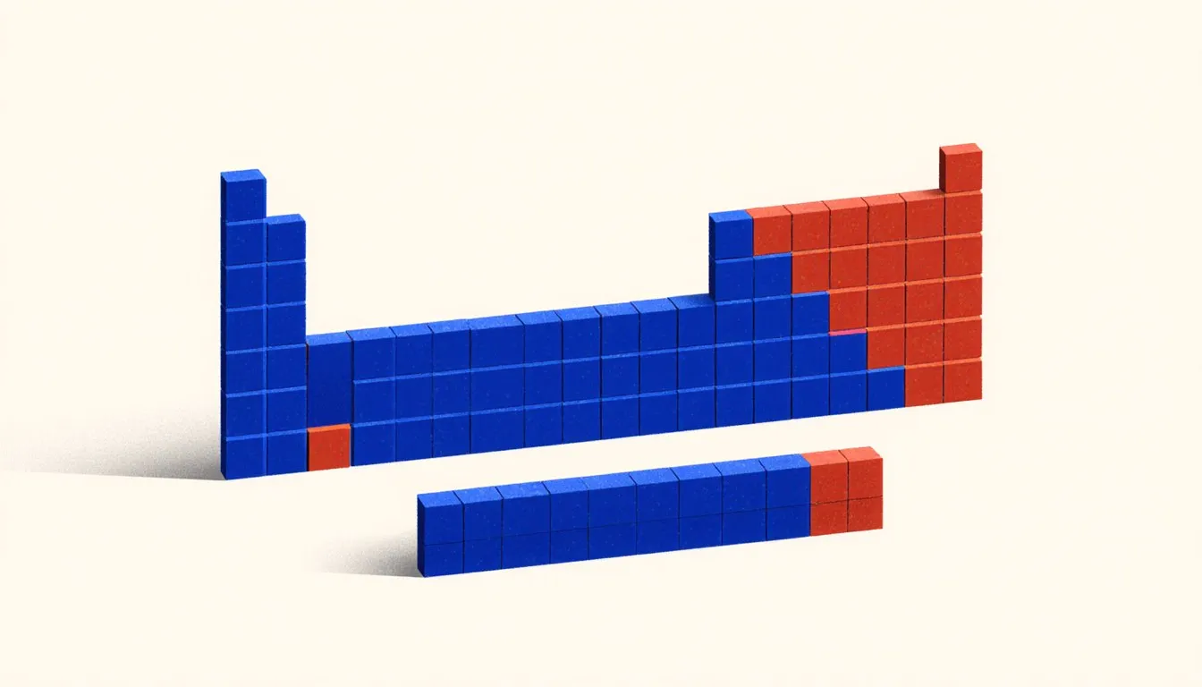 The periodic table's stepped silhouette built from plain colored blocks, with no letters or numbers