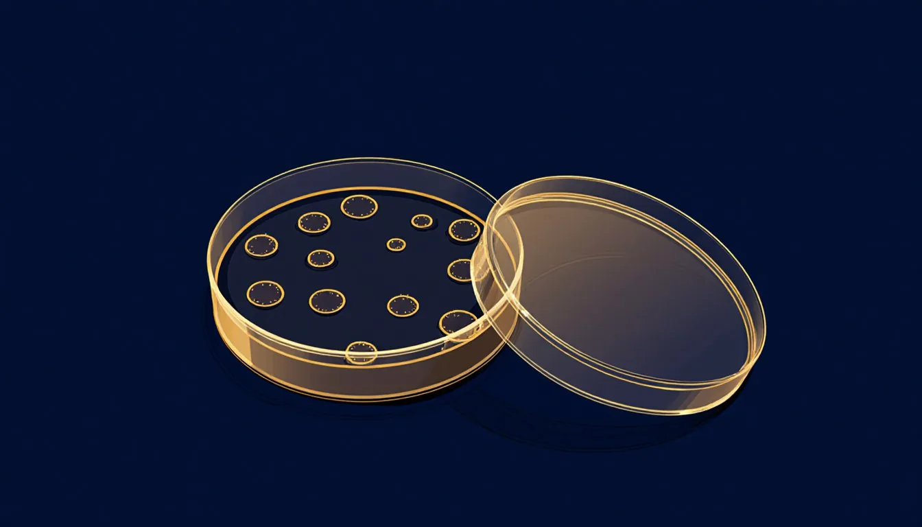 A petri dish filled with agar medium showing scattered bacterial colonies, lid tilted beside it