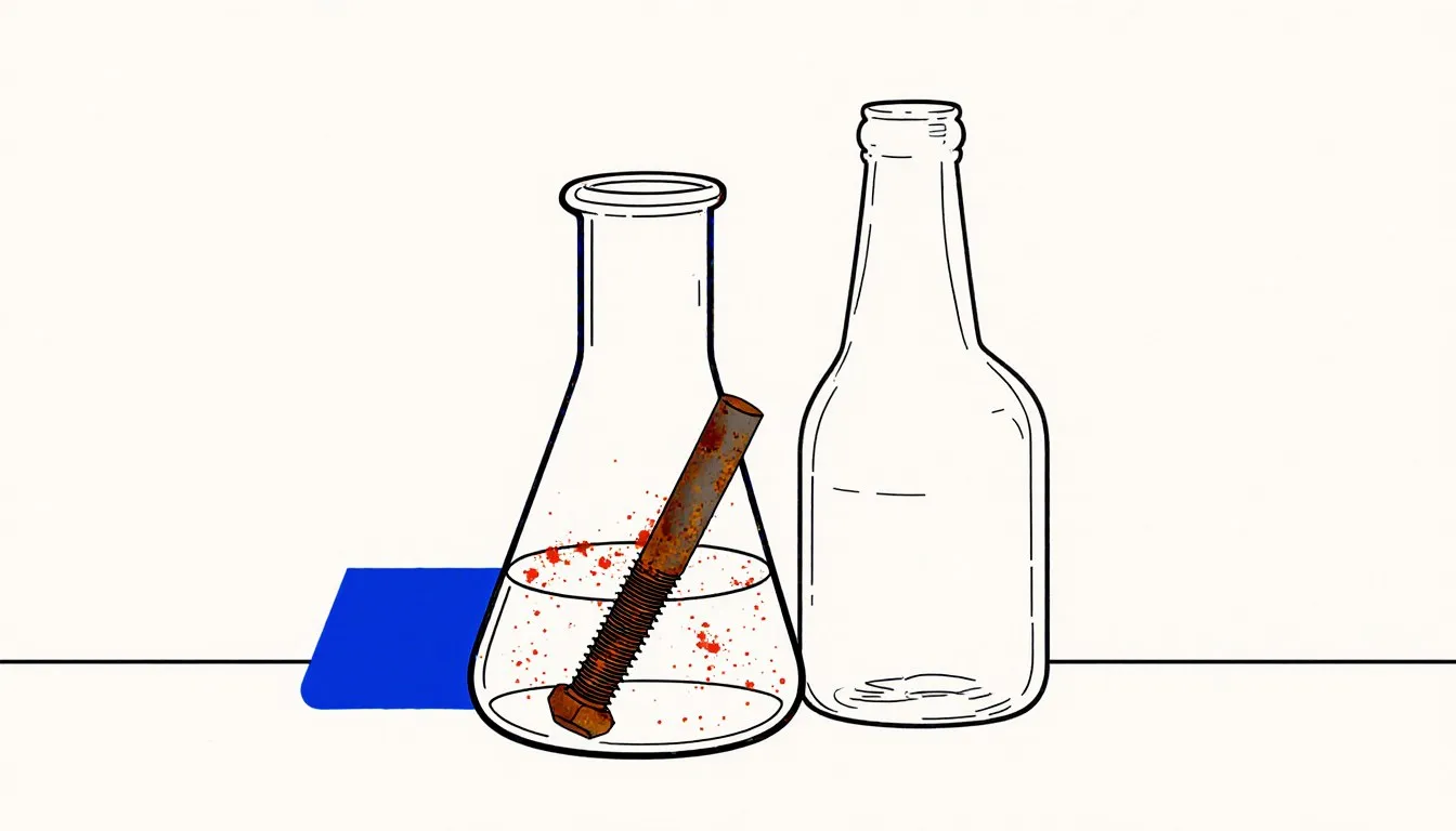 A beaker of phosphoric acid dissolving rust from a bolt beside a plain soda bottle, illustrating its industrial and food uses