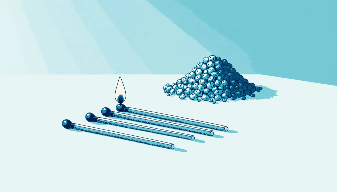 Safety matches with phosphorus tips beside a small mound of granular fertilizer, illustrating phosphorus's role in matches