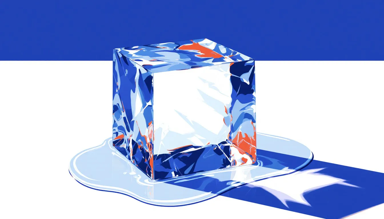 A large ice cube partially melted into a pool of water, illustrating a physical change of state