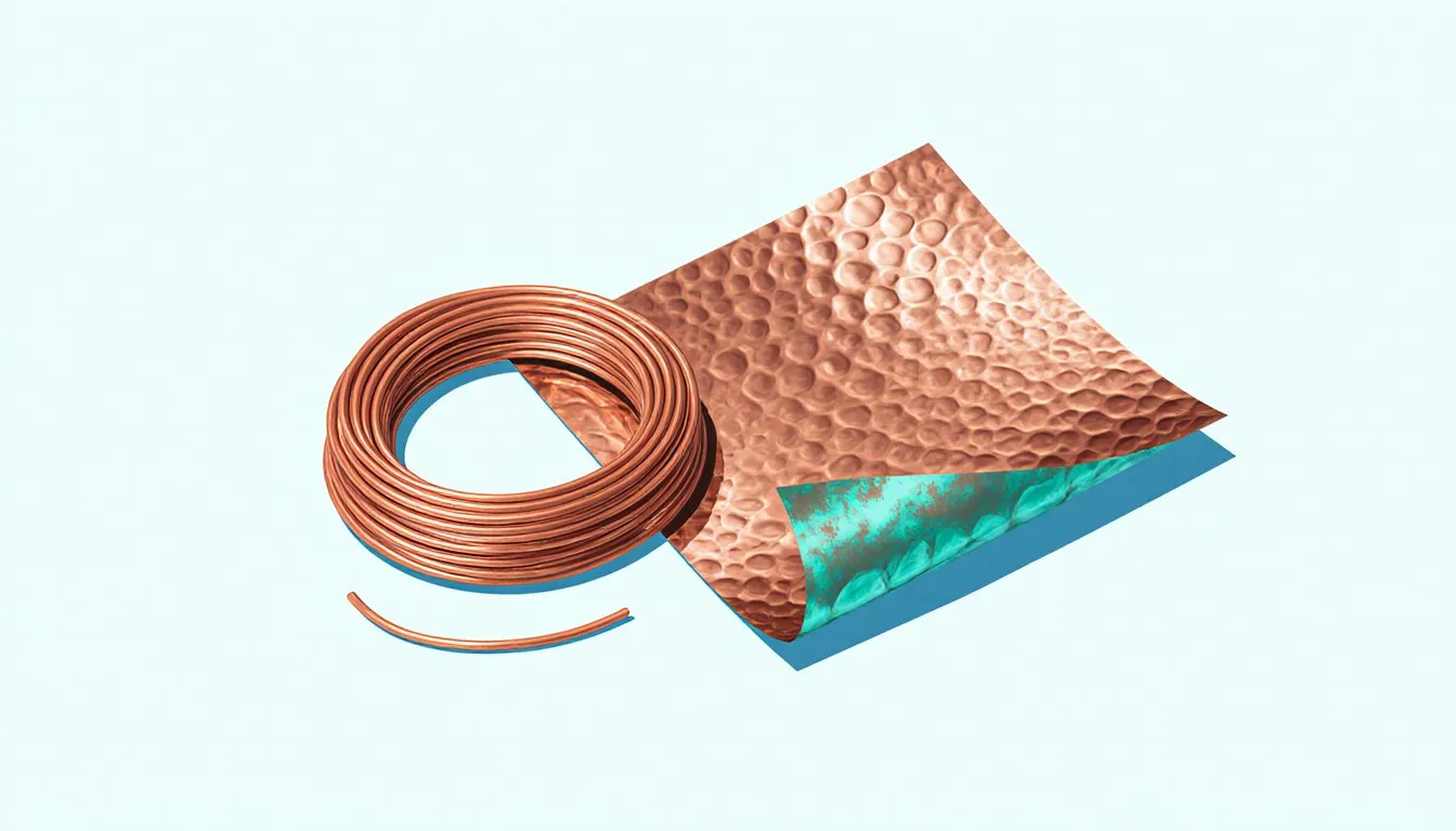 A coiled copper wire beside a curved copper sheet with a touch of green patina, illustrating copper's properties