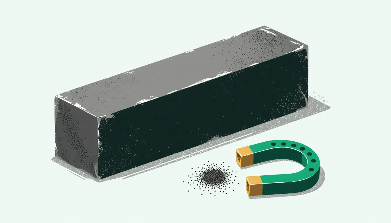 An iron metal ingot beside a magnet lifting iron filings, illustrating iron's density and magnetism