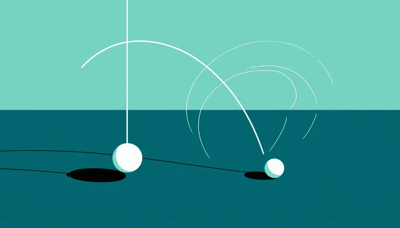A swinging pendulum and a curved projectile arc illustrate classical mechanics in motion