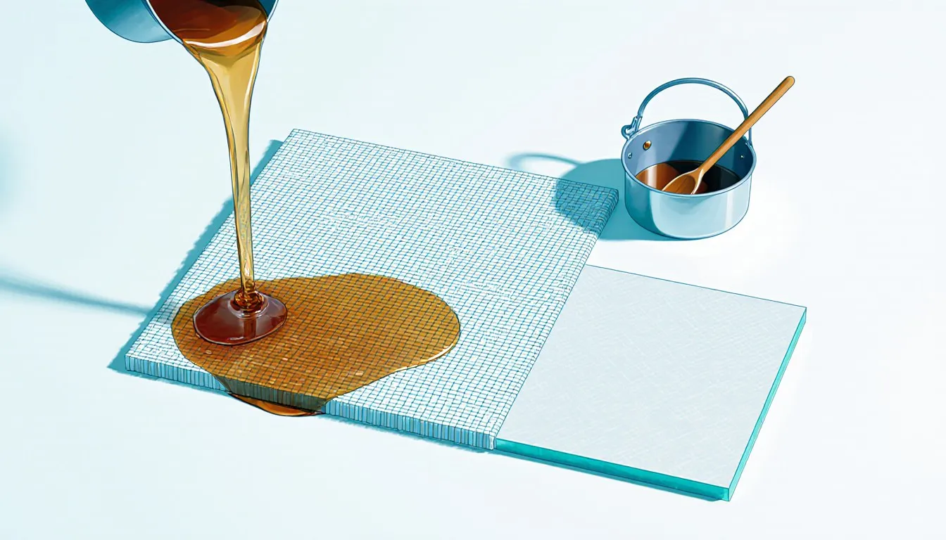 Amber polyester resin poured over woven fiberglass cloth, showing the fiber weave through the resin